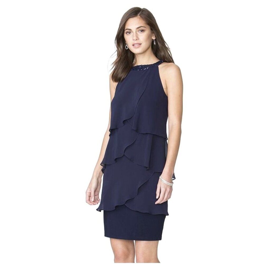 CHAPS New $120.00 Navy Blue Tiered Chiffon Embellished Dress 14 Evening Wedding